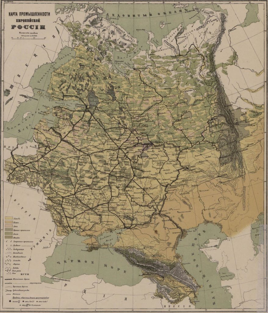 Карта промышленности Европейской России из атласа Ильина 1871 год